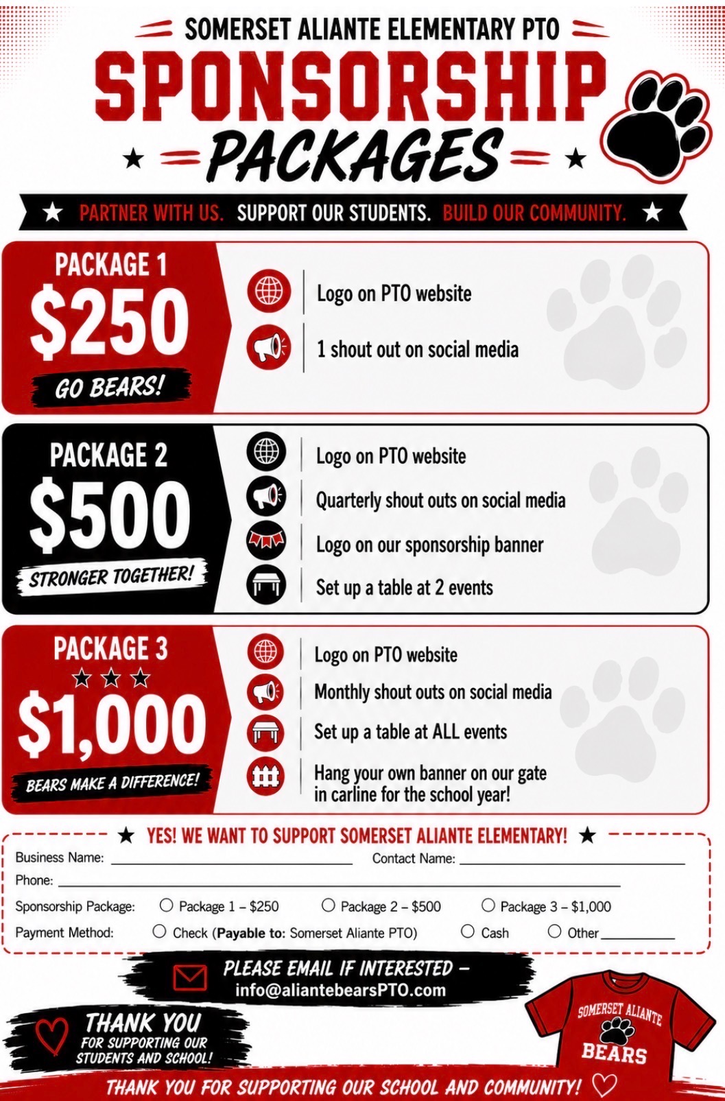Somerset Aliante Elementary PTO sponsorship packages: $250, $500, and $1,000 levels
