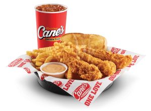 Raising Cane’s chicken fingers, fries, toast, sauce and drink